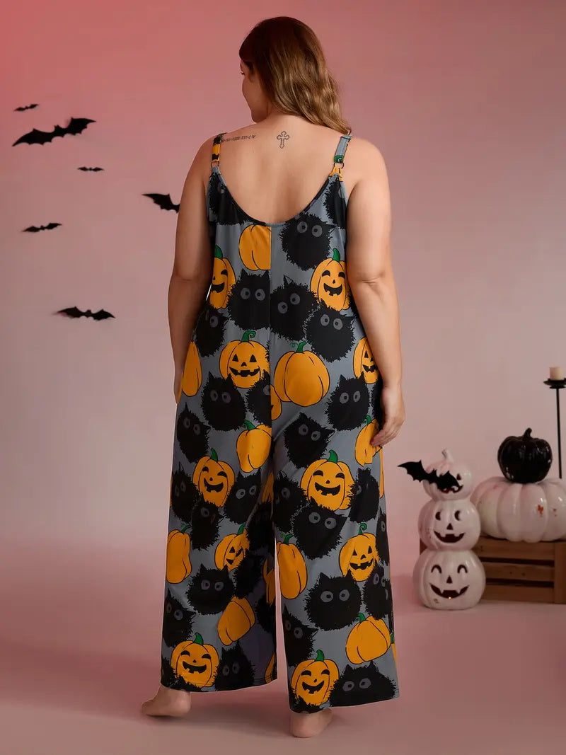 Plus-size pumpkin print wide-leg jumpsuit