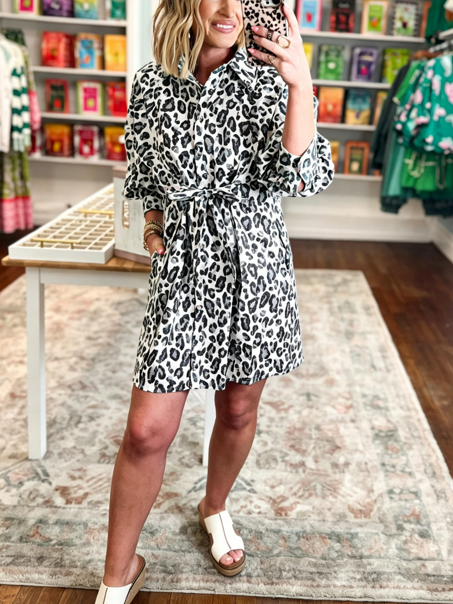 Women's Casual Leopard Print Mini Shirt Dress with Pockets