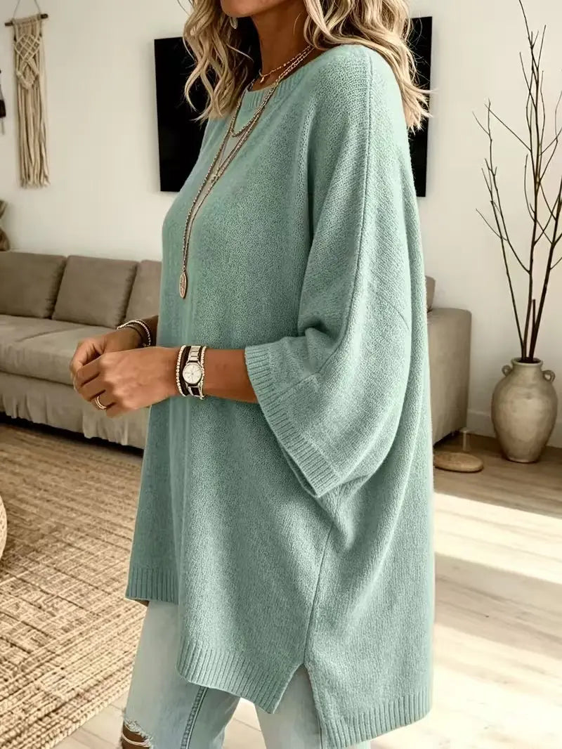 ⏰Hot Sale-Women Round Neck Side Slit Oversized Batwing Sleeve Knit Top