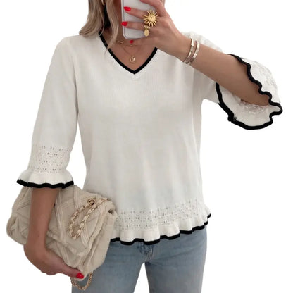 Feminine V-Neck Knit Blouse, Lightweight Ruffle 3/4 Sleeve Casual Top