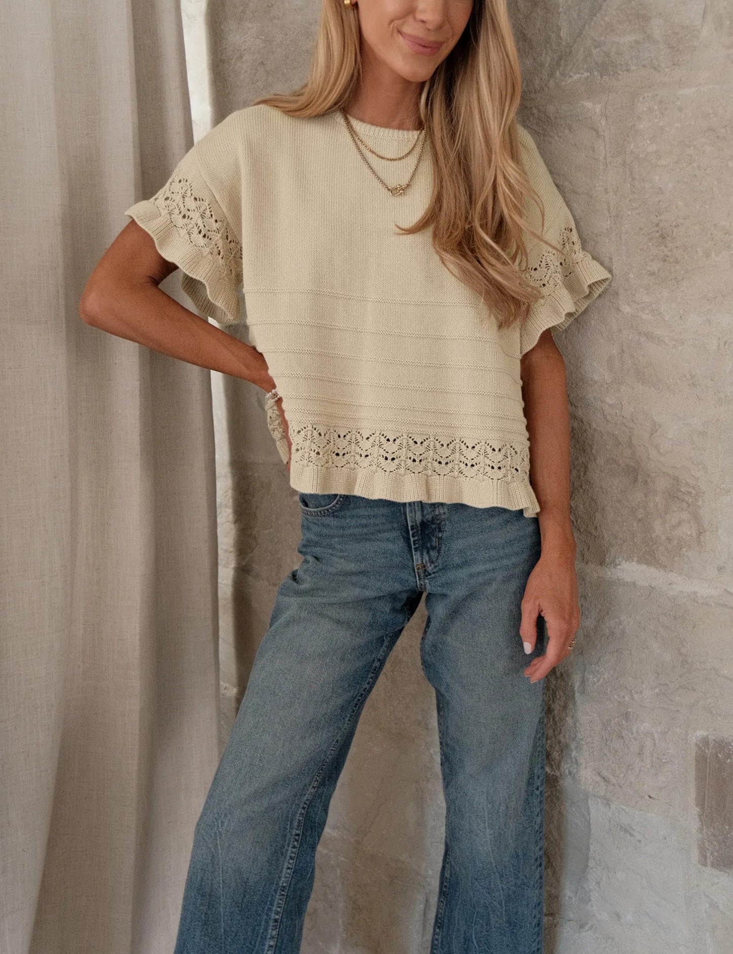 HOT SALE Women's Round Neck Ruffled Hem Knit Pullover Top