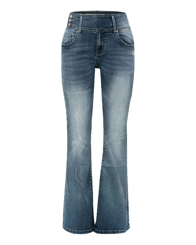 VINTAGE BUTTON SIDE DESIGN MID WAIST STRETCH FLARE JEANS(Buy 2 Free Shipping)