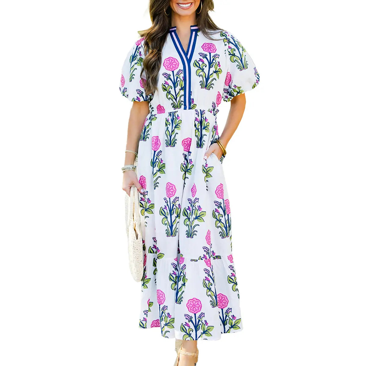 Womens Dresses Floral Puff Short Sleeve V Neck High Waist Maxi Dress with Pockets