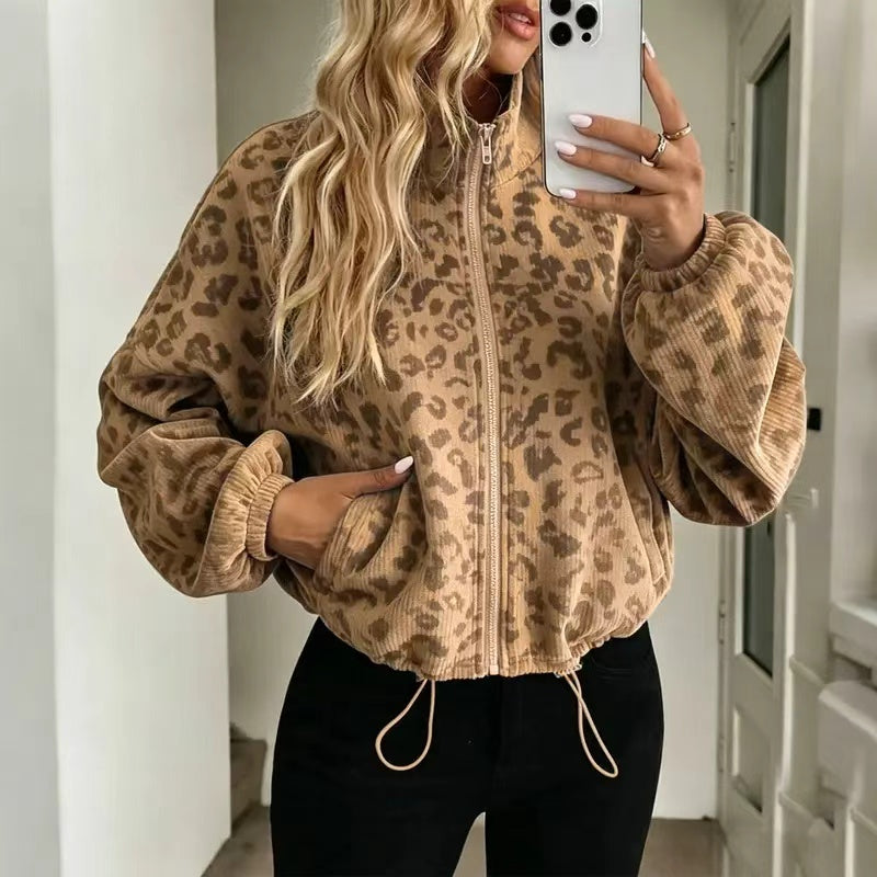Women Leopard Print Zip Up Cropped Jacket With Drawstring Hem