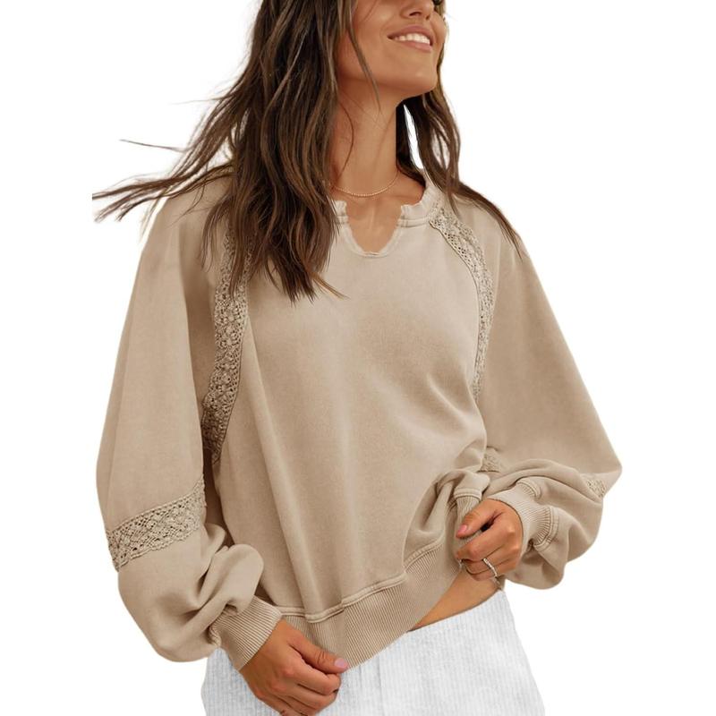 Womens Casual Sweatshirt Oversized Lantern Long Sleeve V Neck Lace Loose Fit Fall Pullover Tops（buy 2 free shipping）