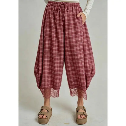 Women's Elastic Waist Drawstring Loose Casual Plaid Lace Trim Harem Pants