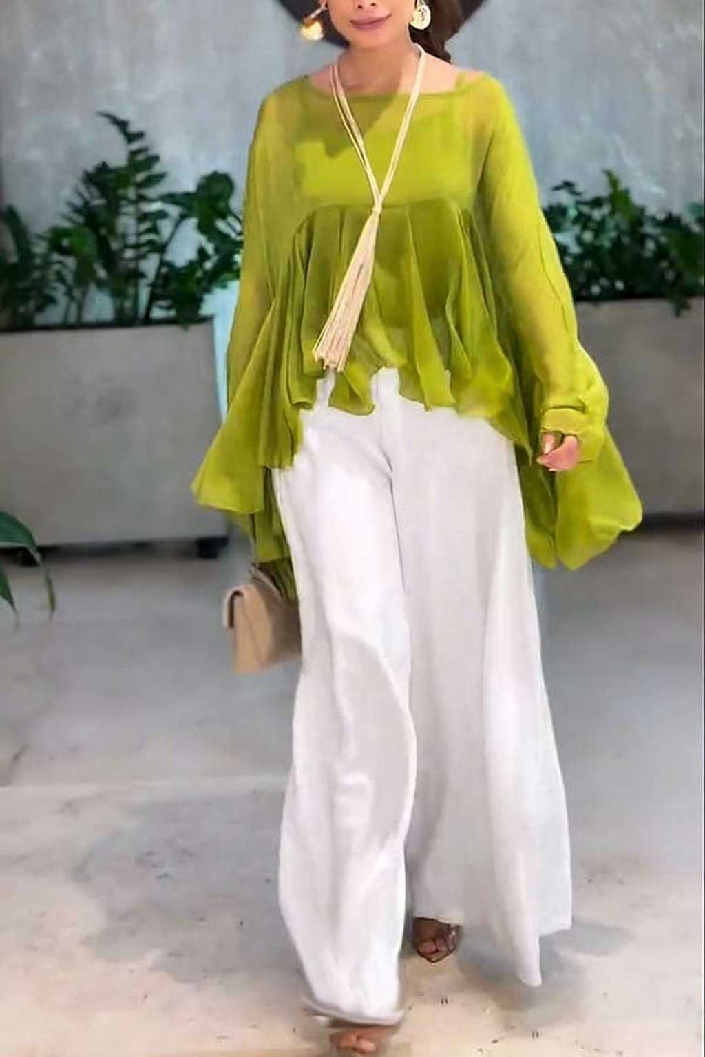 Romantic Journey Chiffon Ruffle Batwing Sleeve Top and Elastic Waist Pocket Loose Pants