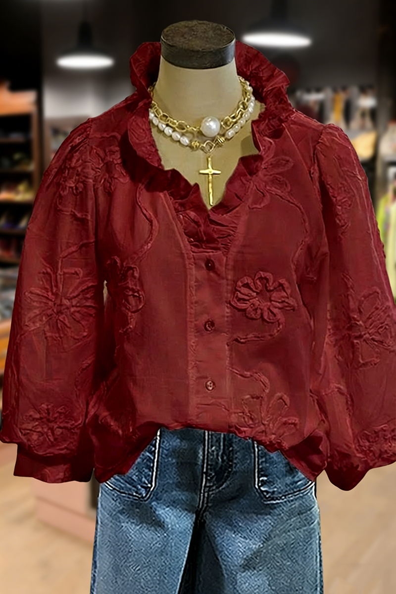 🔥🔥🔥🔥Embroidered Flower Ruffle Neck Puff Sleeve Top(BUY 2 FREE SHIPPING)