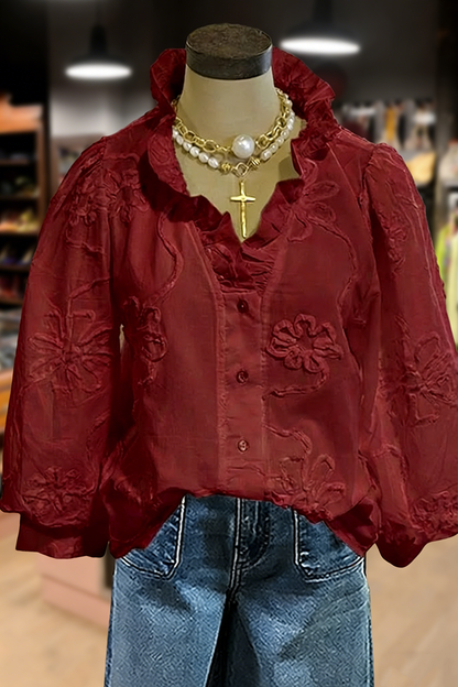 🔥🔥🔥🔥Embroidered Flower Ruffle Neck Puff Sleeve Top(BUY 2 FREE SHIPPING)