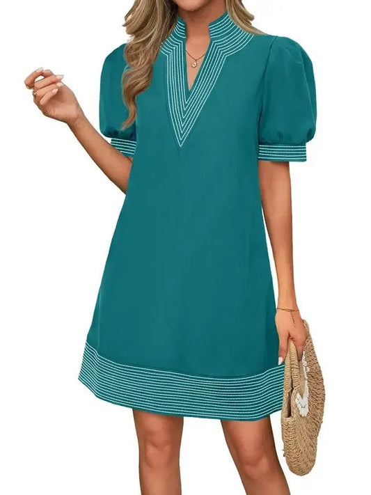 Women's Floral Stripe Trim Puff Sleeve Mini Dress