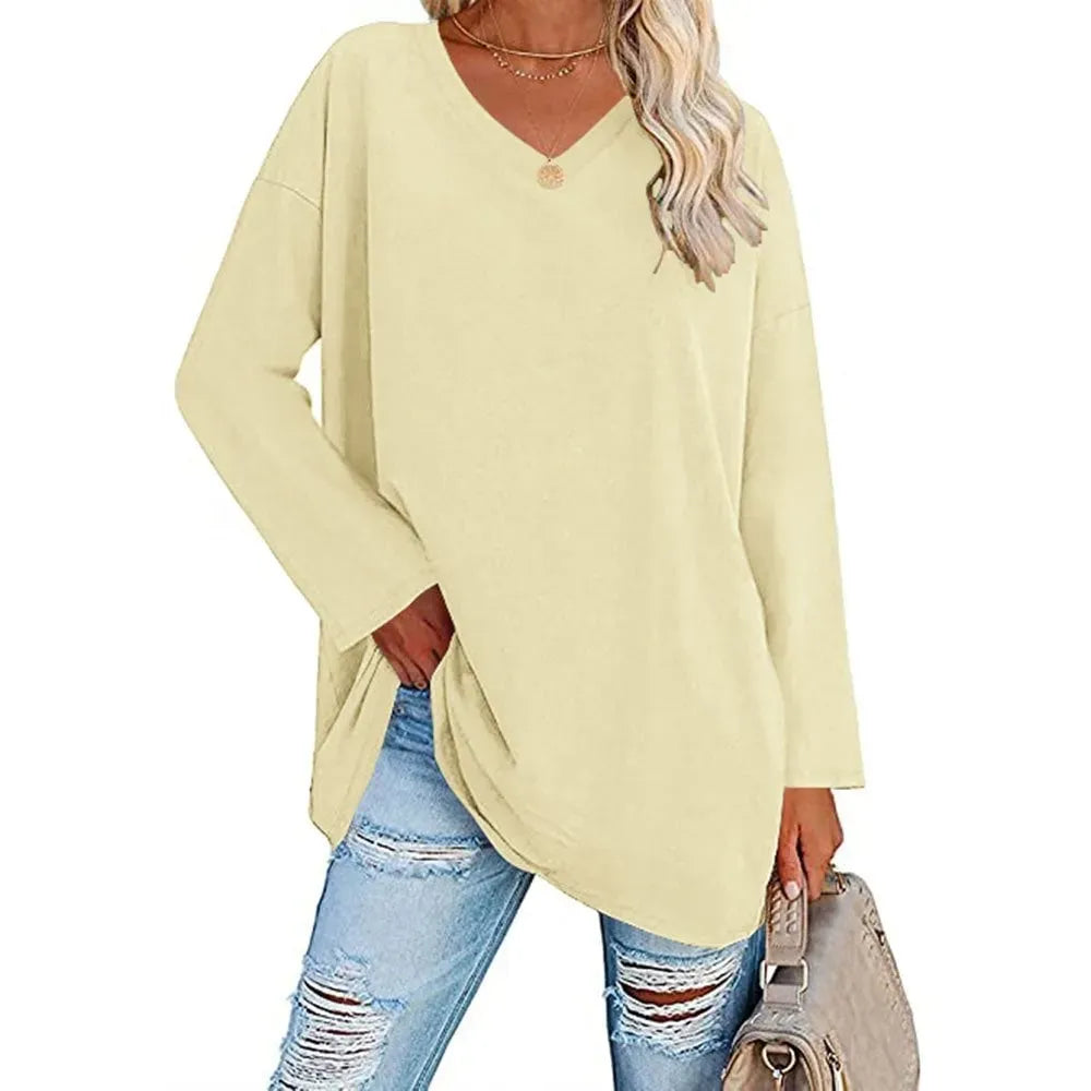 HOT SALE-WOMENS LOOSE FASHION V-NECK TOP SHORT & LONG OPTION