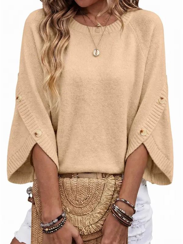 Women Crew Neck Split Button 3/4 Sleeve Oversized Knit Pullover