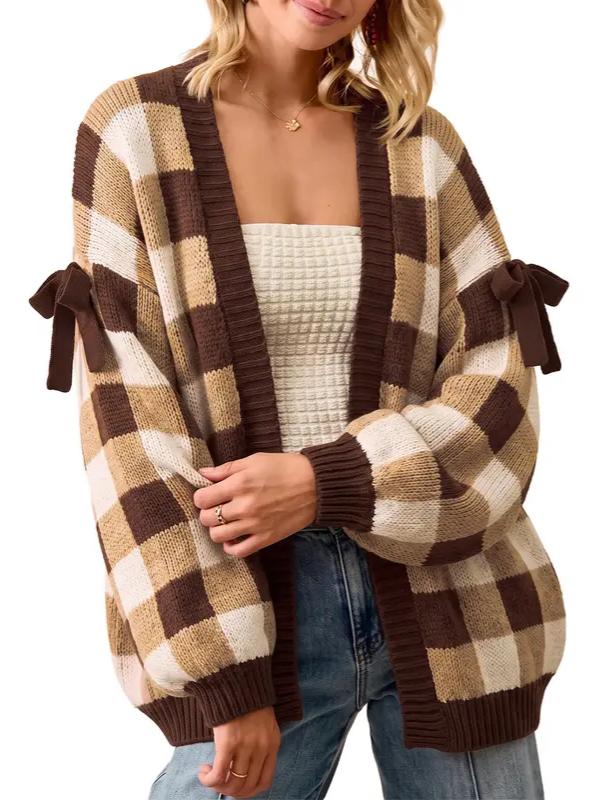 Women's Plaid Bow Knot Open Front Knit Cardigan