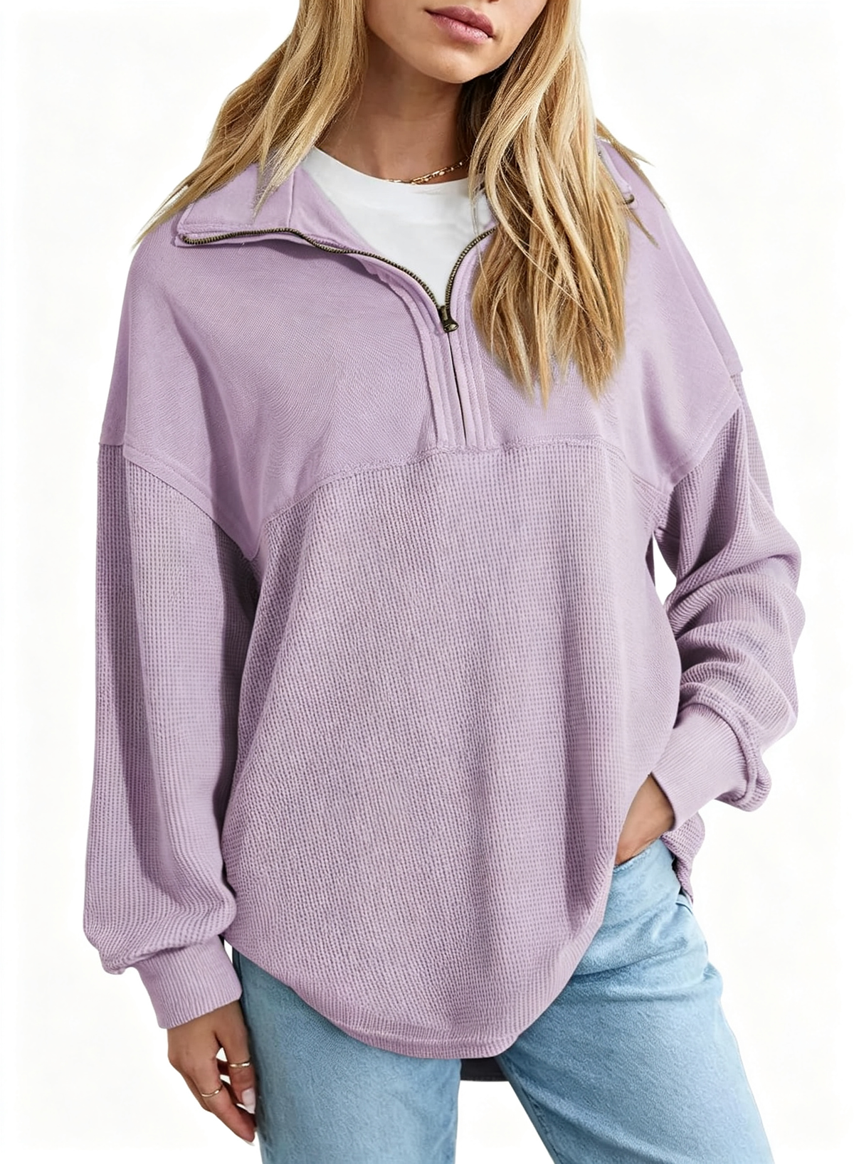 Hot Sale-Women's Waffle Knit Half Zip Pullover Casual Sweatshirt
