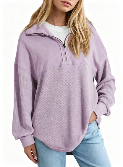 Hot Sale-Women's Waffle Knit Half Zip Pullover Casual Sweatshirt