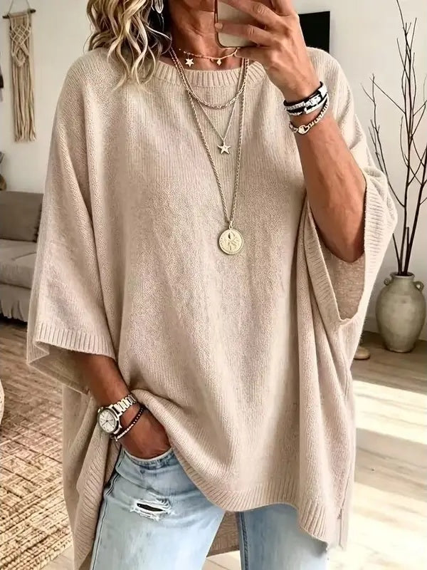 ⏰Hot Sale-Women Round Neck Side Slit Oversized Batwing Sleeve Knit Top