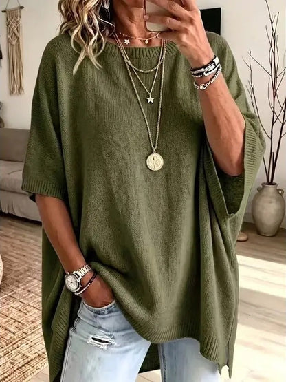⏰Hot Sale-Women Round Neck Side Slit Oversized Batwing Sleeve Knit Top