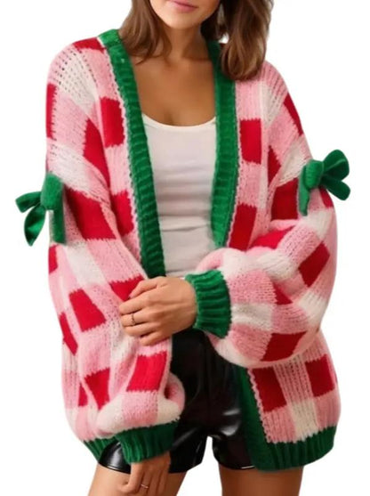 Women's Plaid Bow Knot Open Front Knit Cardigan