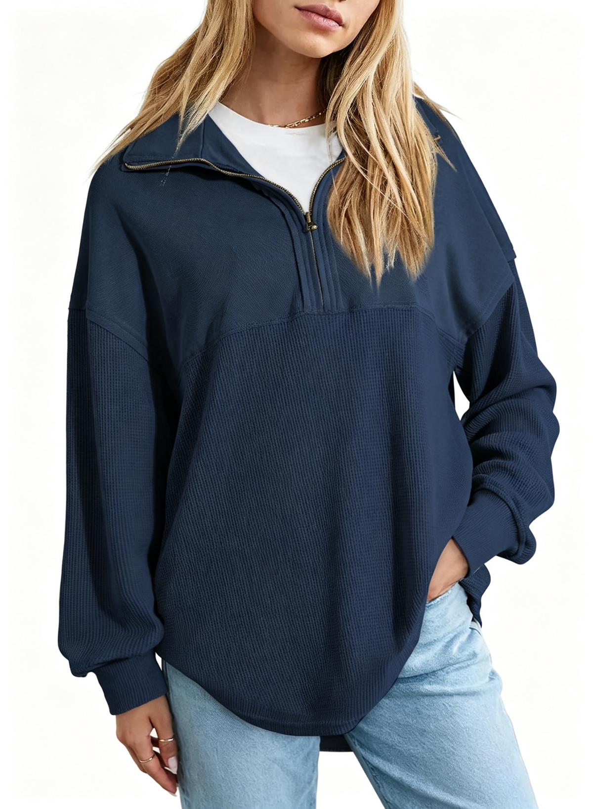 Hot Sale-Women's Waffle Knit Half Zip Pullover Casual Sweatshirt