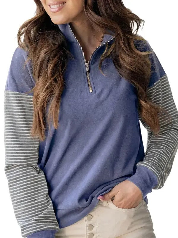 Women's Color Block Half Zip Striped Raglan Sweatshirt