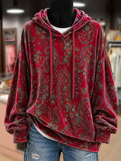 Hot Sale-Women Vintage Paisley Print Velvet Hoodie Top