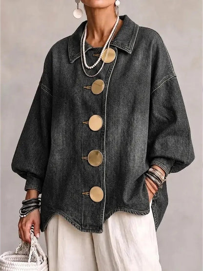 Vintage Washed Denim Coat With Large Buttons