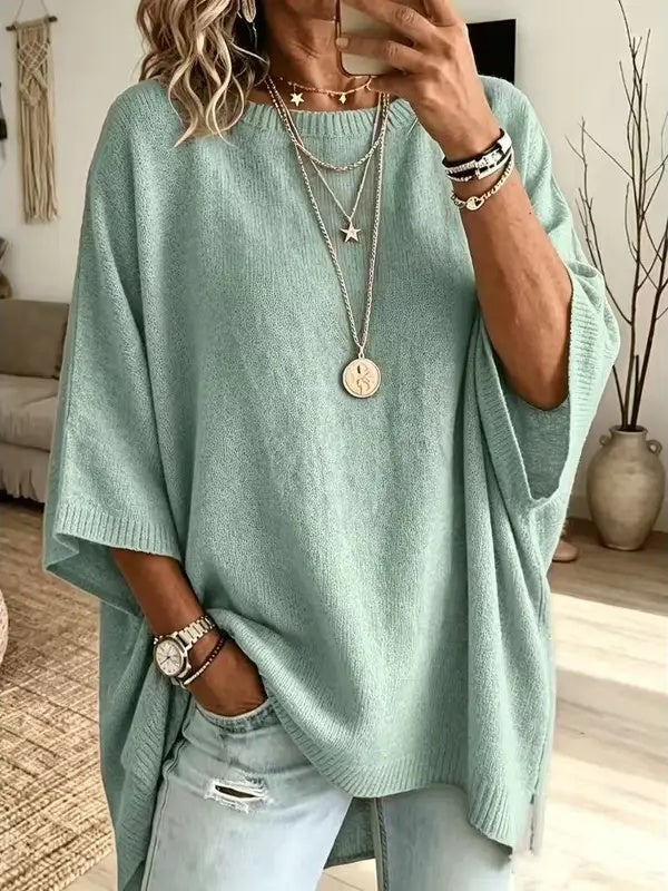 ⏰Hot Sale-Women Round Neck Side Slit Oversized Batwing Sleeve Knit Top
