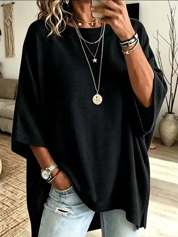 ⏰Hot Sale-Women Round Neck Side Slit Oversized Batwing Sleeve Knit Top