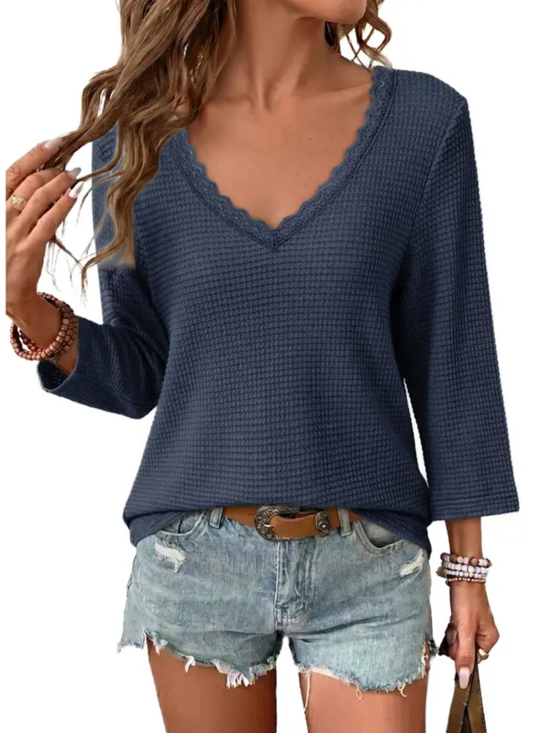 Women Lace Trim U Neck Waffle Knit Top