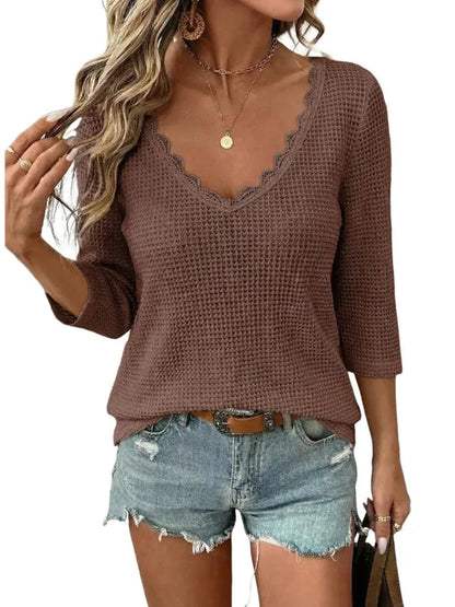 Women Lace Trim U Neck Waffle Knit Top