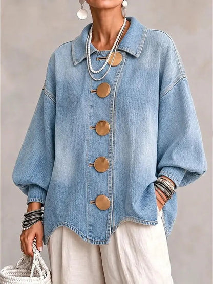 Vintage Washed Denim Coat With Large Buttons