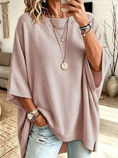 ⏰Hot Sale-Women Round Neck Side Slit Oversized Batwing Sleeve Knit Top