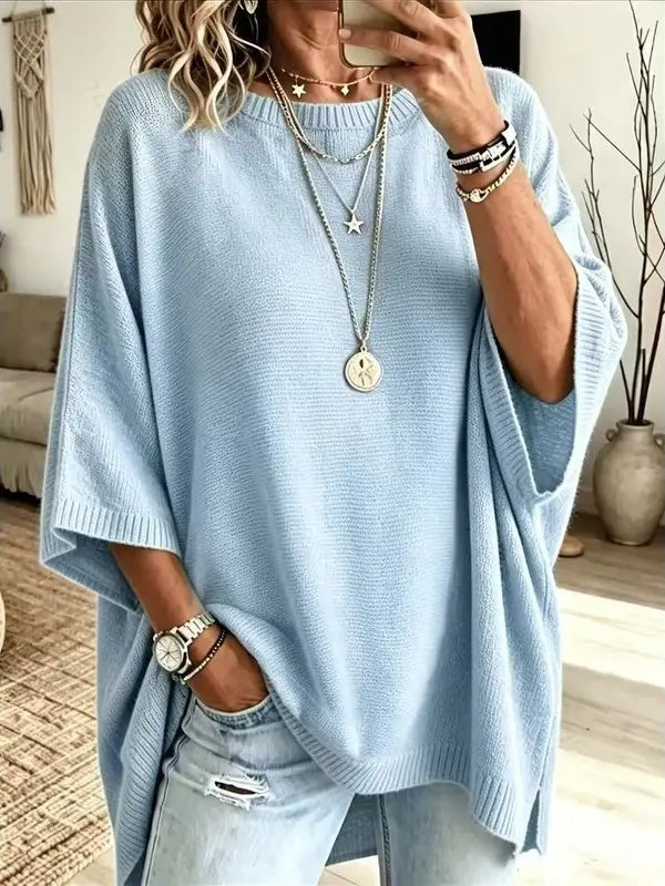 ⏰Hot Sale-Women Round Neck Side Slit Oversized Batwing Sleeve Knit Top
