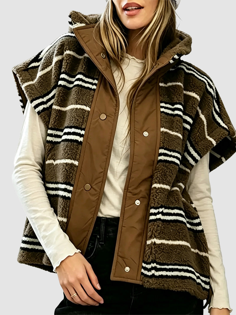 Women Horizontal Striped Stand Collar Snap‑Button Oversized Sleeveless Vest
