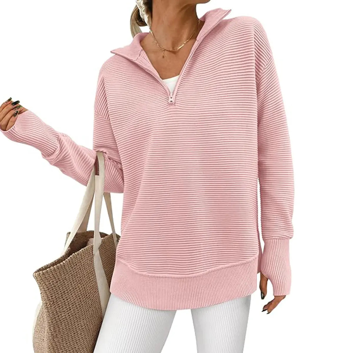 Hot Sale-Women Oversized Half Zip Collar Vertical Rib Long Sleeve Knit Top