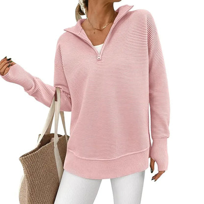 Hot Sale-Women Oversized Half Zip Collar Vertical Rib Long Sleeve Knit Top