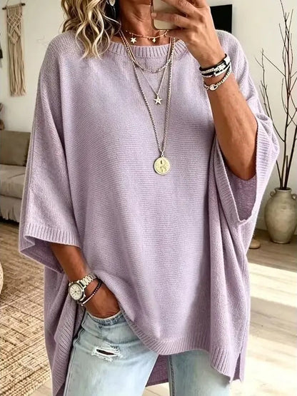 ⏰Hot Sale-Women Round Neck Side Slit Oversized Batwing Sleeve Knit Top