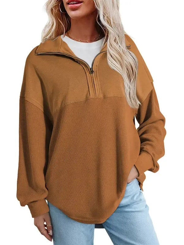 Women's Half Zip Waffle Knit Pullover Top