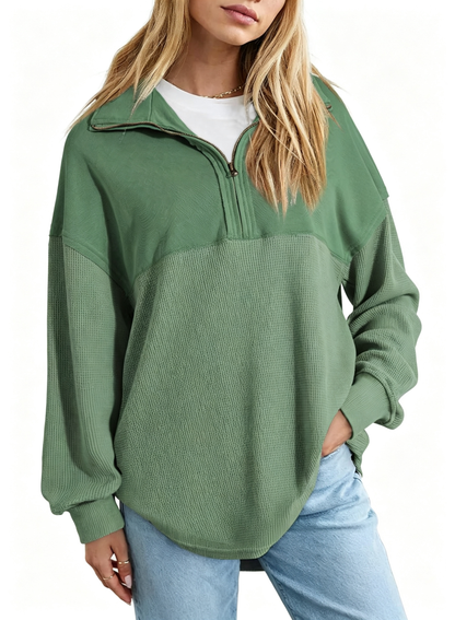 Hot Sale-Women's Waffle Knit Half Zip Pullover Casual Sweatshirt