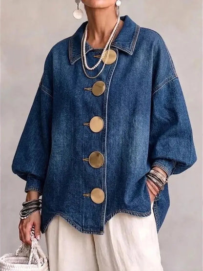 Vintage Washed Denim Coat With Large Buttons