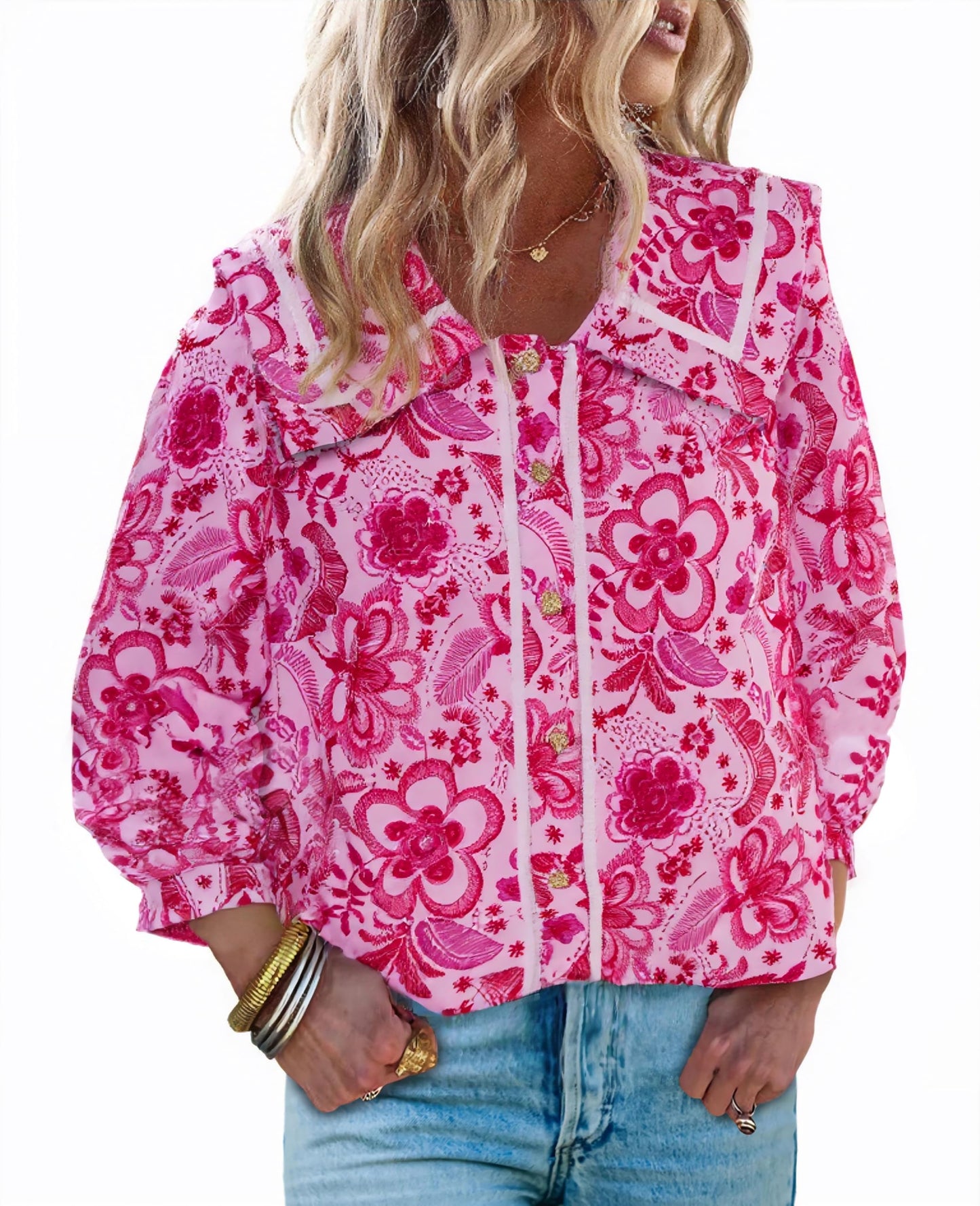 HOT SALE Women's Floral Collared 3/4 Lantern Sleeve Button Down Shirt