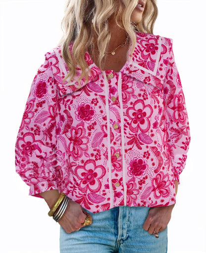 HOT SALE Women's Floral Collared 3/4 Lantern Sleeve Button Down Shirt
