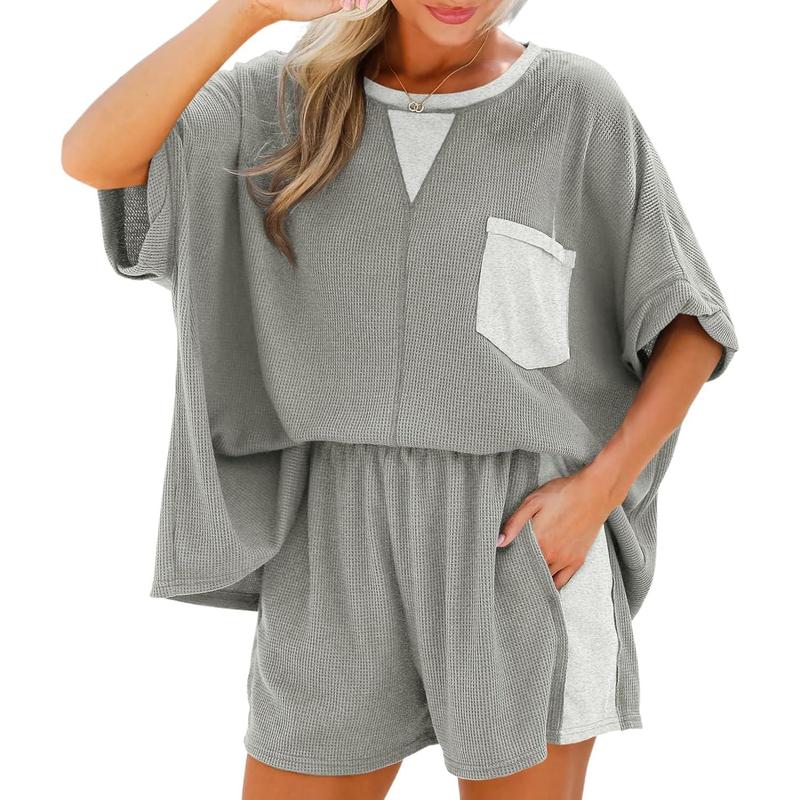 HOT SALE Women's Waffle Knit 2 Piece Oversized T-Shirt Casual Shorts Set