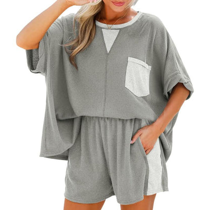 HOT SALE Women's Waffle Knit 2 Piece Oversized T-Shirt Casual Shorts Set