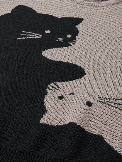 Cartoon Cat Round Neck Long Sleeve Sweater Preppy Style