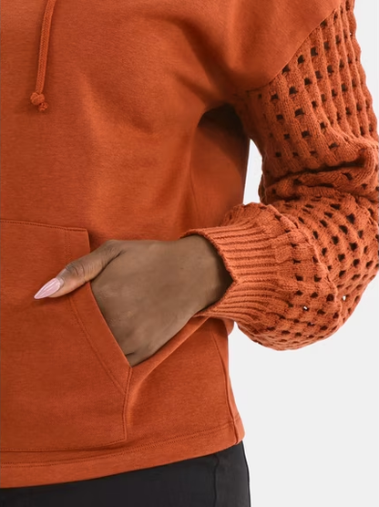 Women Mixed Knit Long Sleeve Hoodie With Pocket