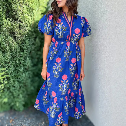 Womens Dresses Floral Puff Short Sleeve V Neck High Waist Maxi Dress with Pockets