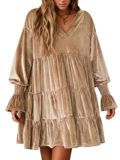 Women's V-neck elegant velvet loose babydoll dress