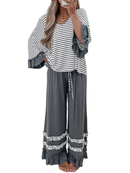 Striped V Neck Ruffle Two Piece Set