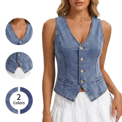 Women's V-Neck Sleeveless Cropped Denim Vest, Button Front Slim Fit Waistcoat, Vintage Western Cowboy Style Tank Top